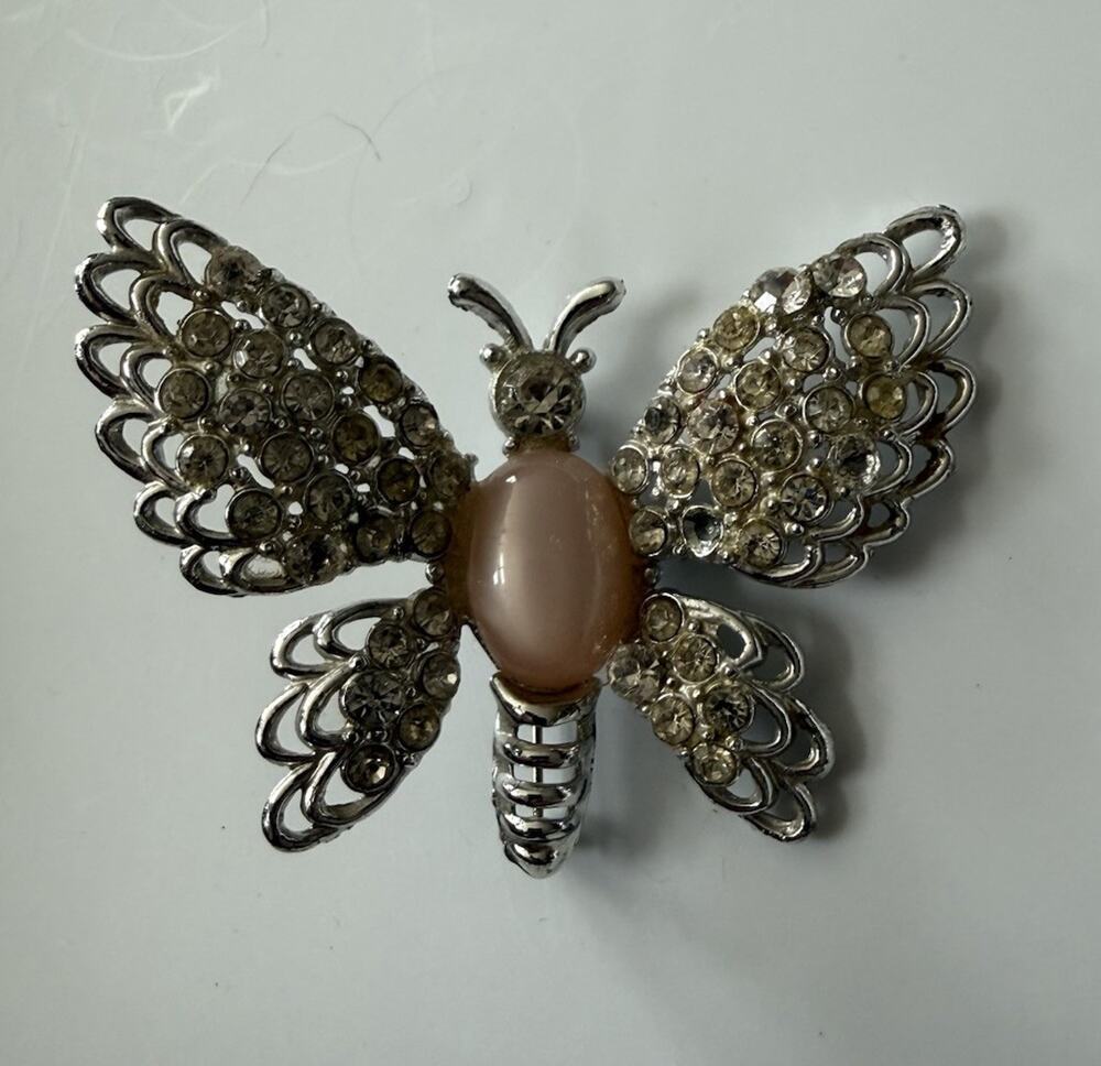 Vtg Butterfly Pink Bead Rhinestone Pin Brooch